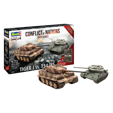 KIT PARA MONTAR REVELL GIFT SET "CONFLICT OF NATIONS WWII SERIES" TIGER I VS T34/85 1/72 317 PEÇAS COMPLETO COM TINTAS COLA E PINCEL REV 05655